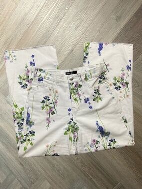 Marc Cain Wylie Wide Fit High Waist Floral Print Jeans Womens 28 White Blue Boho